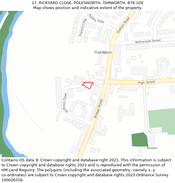 27, RICKYARD CLOSE, POLESWORTH, TAMWORTH, B78 1DE: Location map and indicative extent of plot