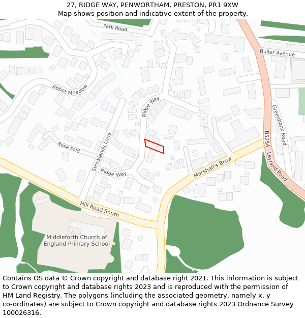 27, RIDGE WAY, PENWORTHAM, PRESTON, PR1 9XW: Location map and indicative extent of plot