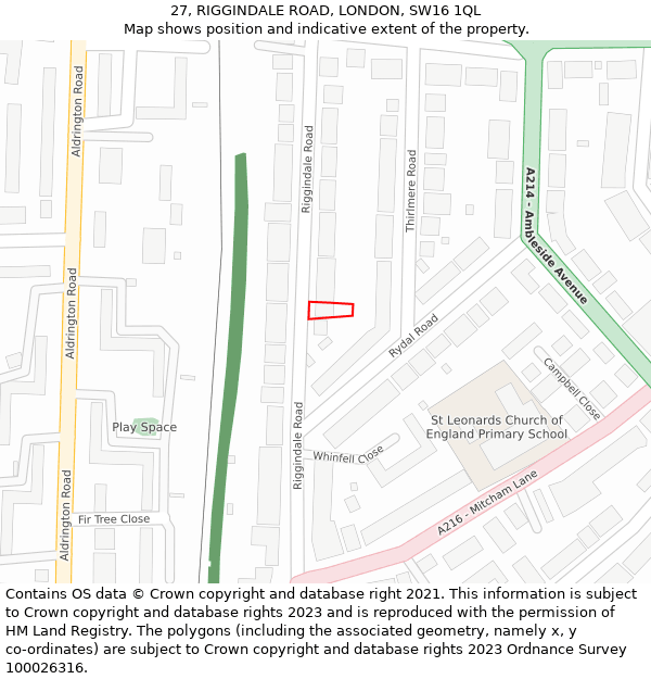 27, RIGGINDALE ROAD, LONDON, SW16 1QL: Location map and indicative extent of plot