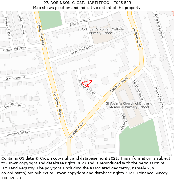 27, ROBINSON CLOSE, HARTLEPOOL, TS25 5FB: Location map and indicative extent of plot