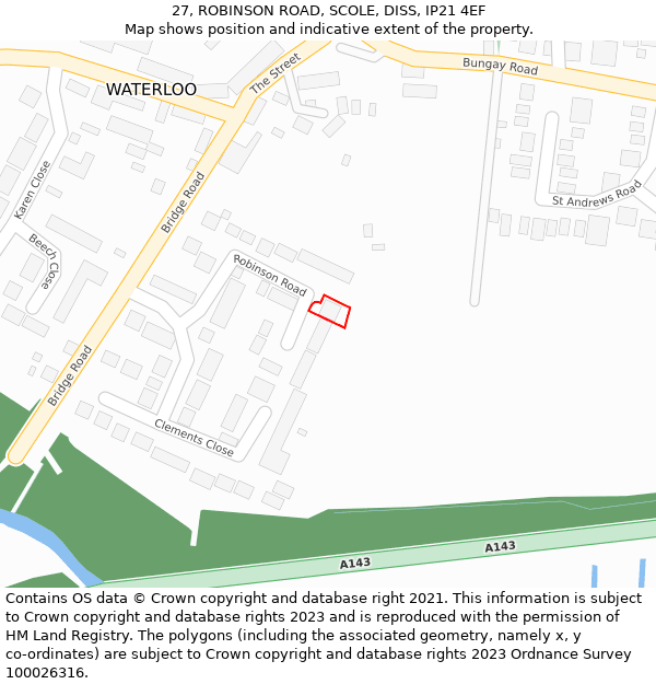 27, ROBINSON ROAD, SCOLE, DISS, IP21 4EF: Location map and indicative extent of plot