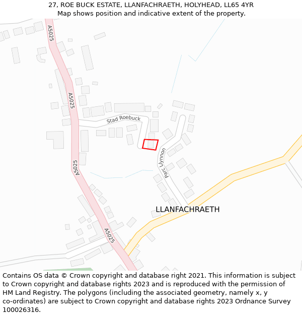 27, ROE BUCK ESTATE, LLANFACHRAETH, HOLYHEAD, LL65 4YR: Location map and indicative extent of plot