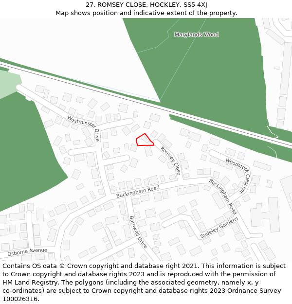 27, ROMSEY CLOSE, HOCKLEY, SS5 4XJ: Location map and indicative extent of plot