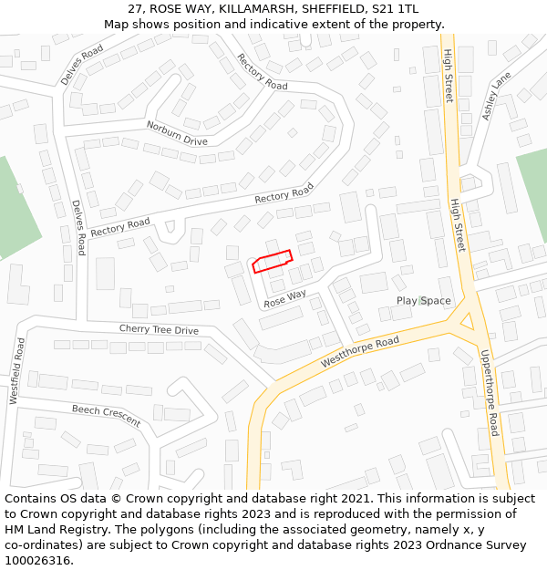 27, ROSE WAY, KILLAMARSH, SHEFFIELD, S21 1TL: Location map and indicative extent of plot