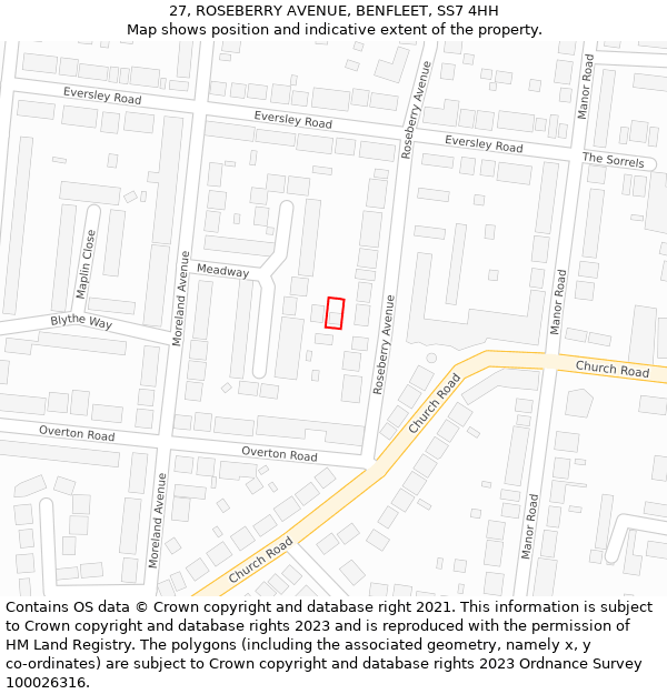 27, ROSEBERRY AVENUE, BENFLEET, SS7 4HH: Location map and indicative extent of plot