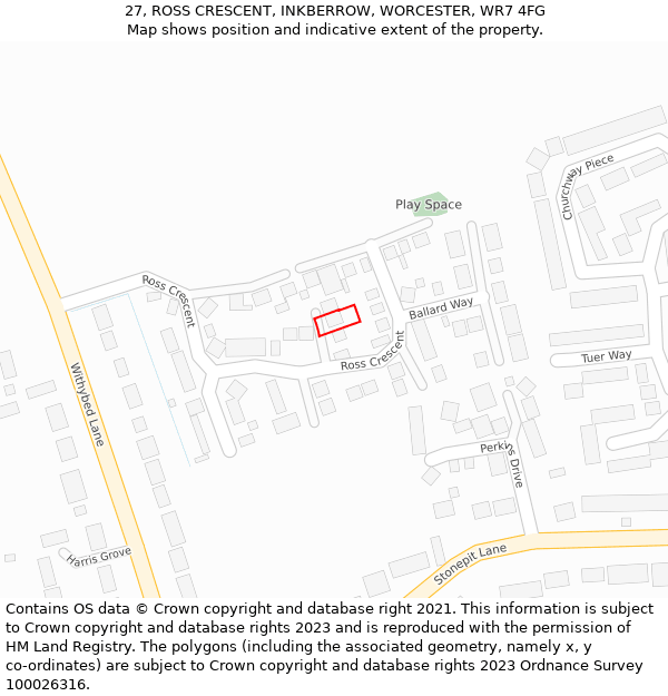 27, ROSS CRESCENT, INKBERROW, WORCESTER, WR7 4FG: Location map and indicative extent of plot