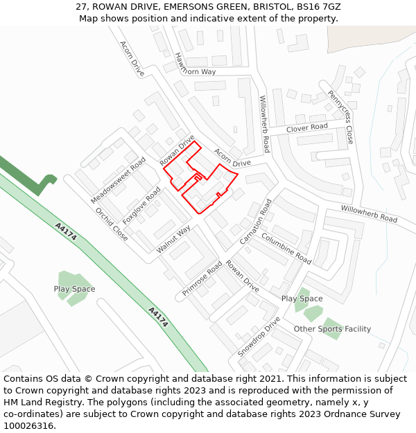 27, ROWAN DRIVE, EMERSONS GREEN, BRISTOL, BS16 7GZ: Location map and indicative extent of plot