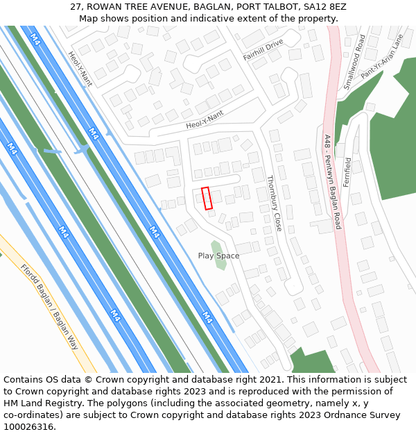 27, ROWAN TREE AVENUE, BAGLAN, PORT TALBOT, SA12 8EZ: Location map and indicative extent of plot