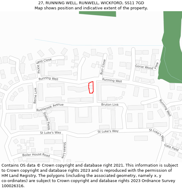 27, RUNNING WELL, RUNWELL, WICKFORD, SS11 7GD: Location map and indicative extent of plot