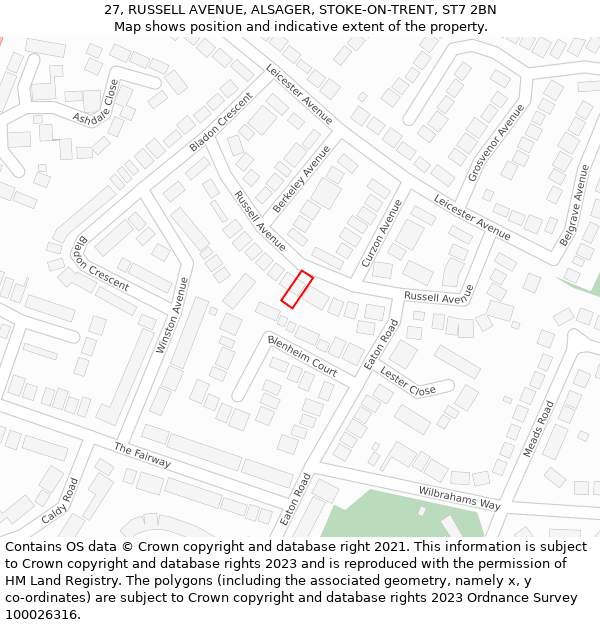 27, RUSSELL AVENUE, ALSAGER, STOKE-ON-TRENT, ST7 2BN: Location map and indicative extent of plot