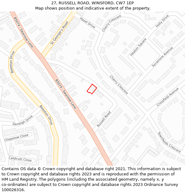 27, RUSSELL ROAD, WINSFORD, CW7 1EP: Location map and indicative extent of plot