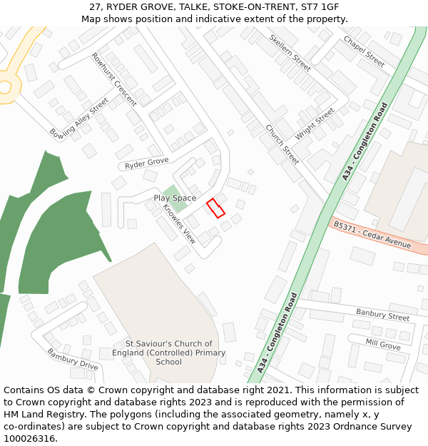 27, RYDER GROVE, TALKE, STOKE-ON-TRENT, ST7 1GF: Location map and indicative extent of plot