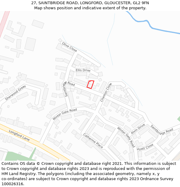 27, SAINTBRIDGE ROAD, LONGFORD, GLOUCESTER, GL2 9FN: Location map and indicative extent of plot