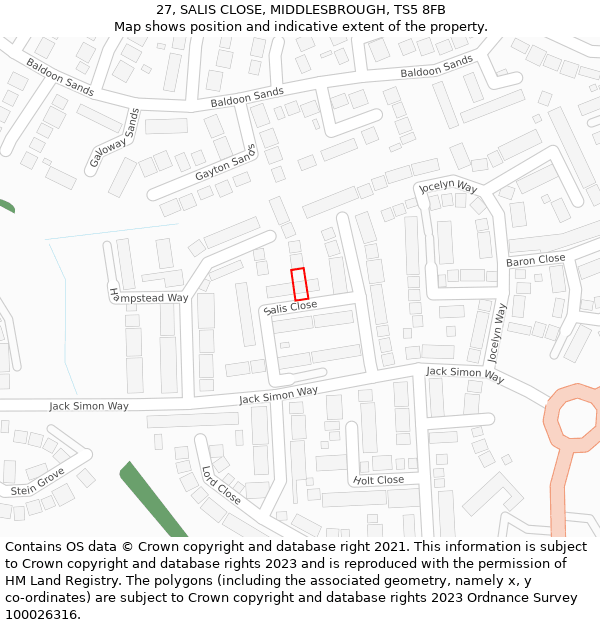 27, SALIS CLOSE, MIDDLESBROUGH, TS5 8FB: Location map and indicative extent of plot