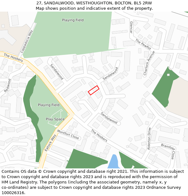 27, SANDALWOOD, WESTHOUGHTON, BOLTON, BL5 2RW: Location map and indicative extent of plot