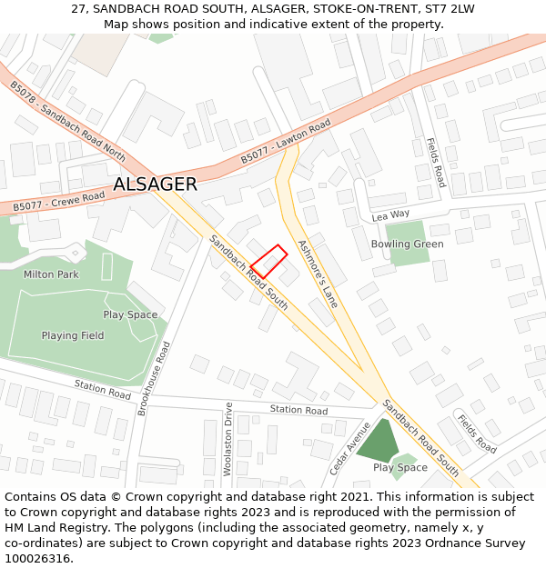 27, SANDBACH ROAD SOUTH, ALSAGER, STOKE-ON-TRENT, ST7 2LW: Location map and indicative extent of plot