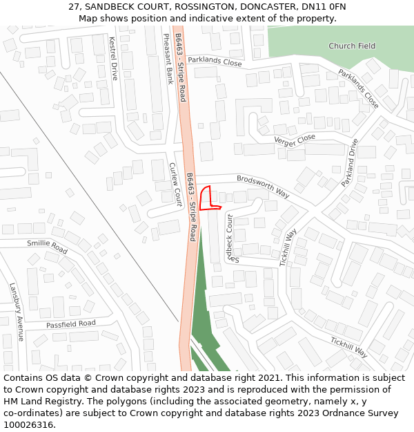 27, SANDBECK COURT, ROSSINGTON, DONCASTER, DN11 0FN: Location map and indicative extent of plot