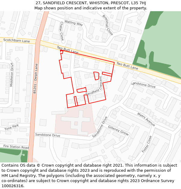 27, SANDFIELD CRESCENT, WHISTON, PRESCOT, L35 7HJ: Location map and indicative extent of plot