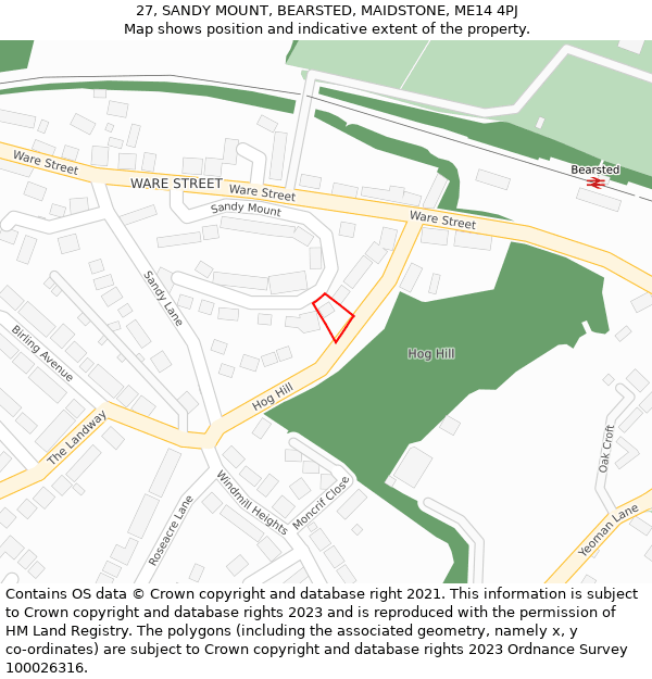 27, SANDY MOUNT, BEARSTED, MAIDSTONE, ME14 4PJ: Location map and indicative extent of plot