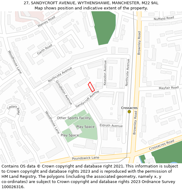 27, SANDYCROFT AVENUE, WYTHENSHAWE, MANCHESTER, M22 9AL: Location map and indicative extent of plot