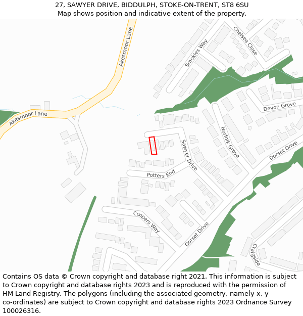27, SAWYER DRIVE, BIDDULPH, STOKE-ON-TRENT, ST8 6SU: Location map and indicative extent of plot
