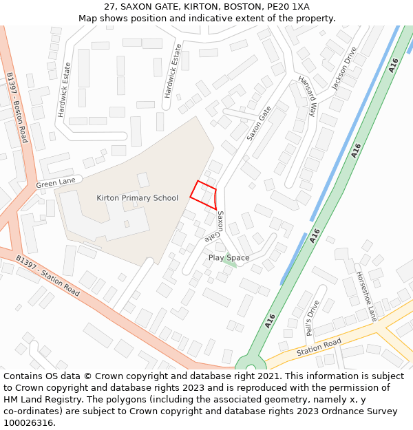 27, SAXON GATE, KIRTON, BOSTON, PE20 1XA: Location map and indicative extent of plot