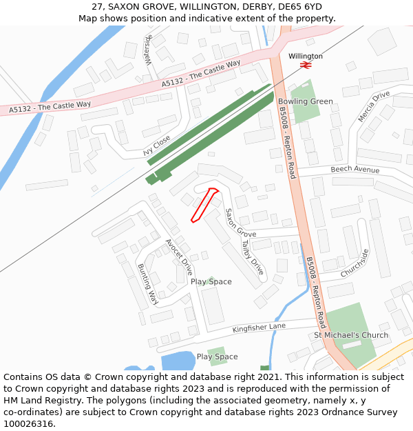 27, SAXON GROVE, WILLINGTON, DERBY, DE65 6YD: Location map and indicative extent of plot