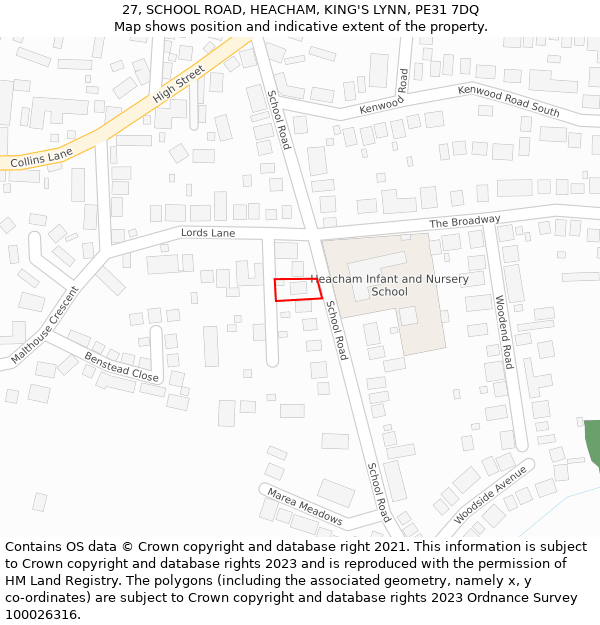 27, SCHOOL ROAD, HEACHAM, KING'S LYNN, PE31 7DQ: Location map and indicative extent of plot