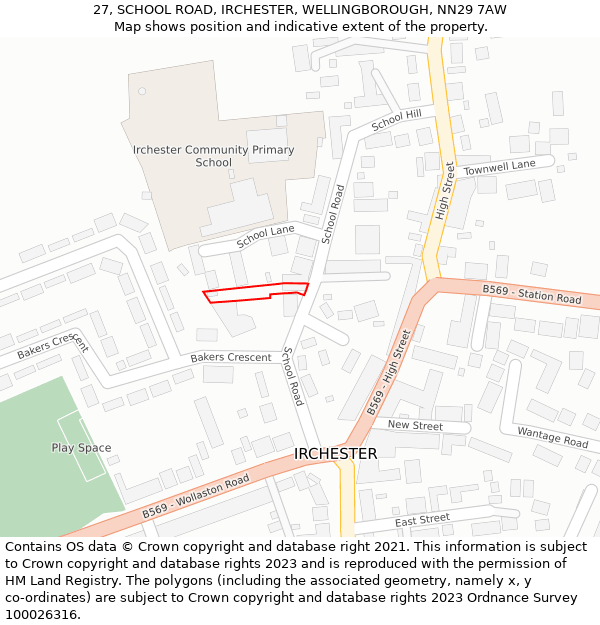 27, SCHOOL ROAD, IRCHESTER, WELLINGBOROUGH, NN29 7AW: Location map and indicative extent of plot