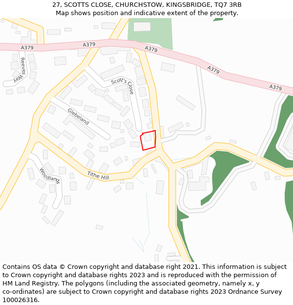 27, SCOTTS CLOSE, CHURCHSTOW, KINGSBRIDGE, TQ7 3RB: Location map and indicative extent of plot