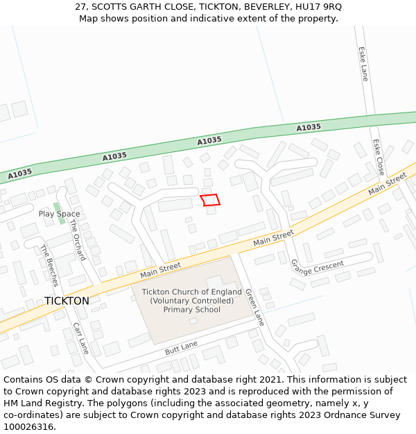 27, SCOTTS GARTH CLOSE, TICKTON, BEVERLEY, HU17 9RQ: Location map and indicative extent of plot