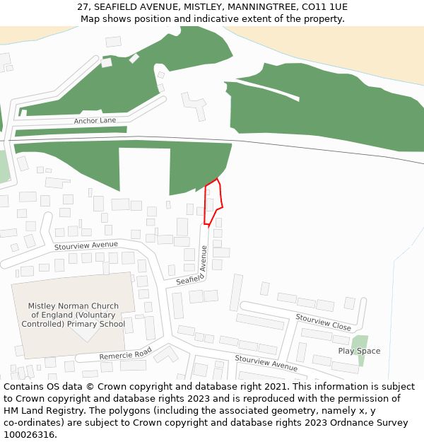 27, SEAFIELD AVENUE, MISTLEY, MANNINGTREE, CO11 1UE: Location map and indicative extent of plot