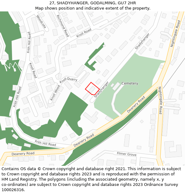 27, SHADYHANGER, GODALMING, GU7 2HR: Location map and indicative extent of plot