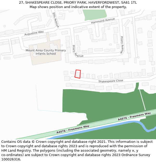 27, SHAKESPEARE CLOSE, PRIORY PARK, HAVERFORDWEST, SA61 1TL: Location map and indicative extent of plot