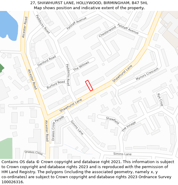 27, SHAWHURST LANE, HOLLYWOOD, BIRMINGHAM, B47 5HL: Location map and indicative extent of plot