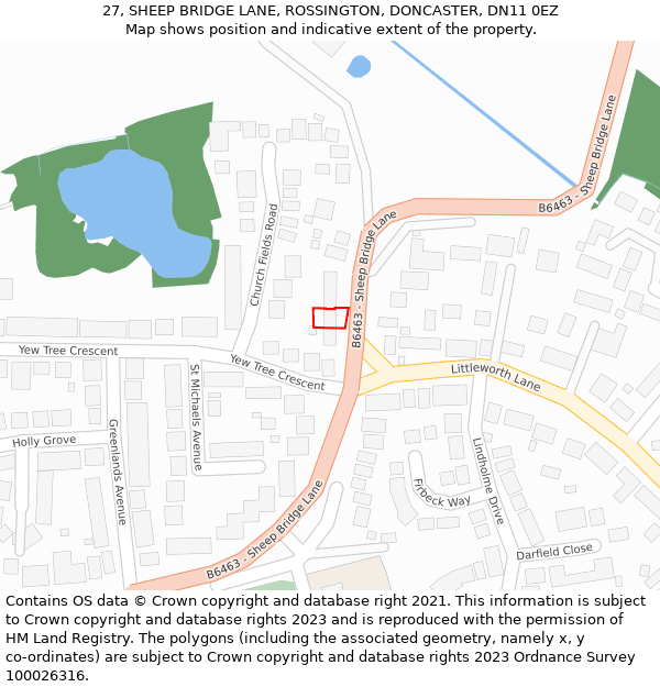 27, SHEEP BRIDGE LANE, ROSSINGTON, DONCASTER, DN11 0EZ: Location map and indicative extent of plot