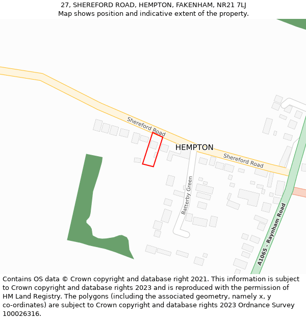 27, SHEREFORD ROAD, HEMPTON, FAKENHAM, NR21 7LJ: Location map and indicative extent of plot