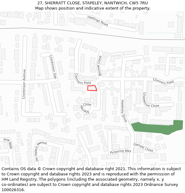 27, SHERRATT CLOSE, STAPELEY, NANTWICH, CW5 7RU: Location map and indicative extent of plot