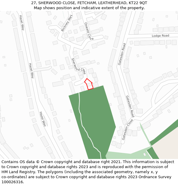 27, SHERWOOD CLOSE, FETCHAM, LEATHERHEAD, KT22 9QT: Location map and indicative extent of plot