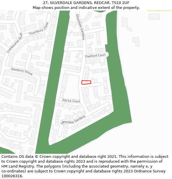 27, SILVERDALE GARDENS, REDCAR, TS10 2UF: Location map and indicative extent of plot