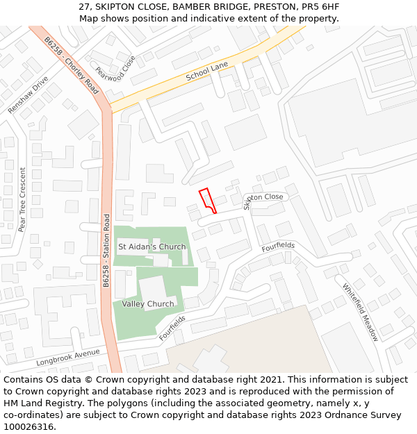 27, SKIPTON CLOSE, BAMBER BRIDGE, PRESTON, PR5 6HF: Location map and indicative extent of plot