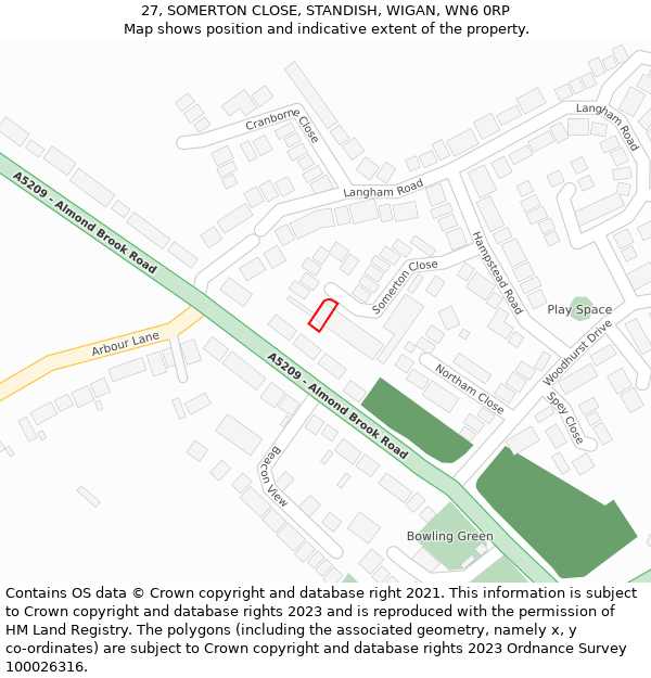 27, SOMERTON CLOSE, STANDISH, WIGAN, WN6 0RP: Location map and indicative extent of plot