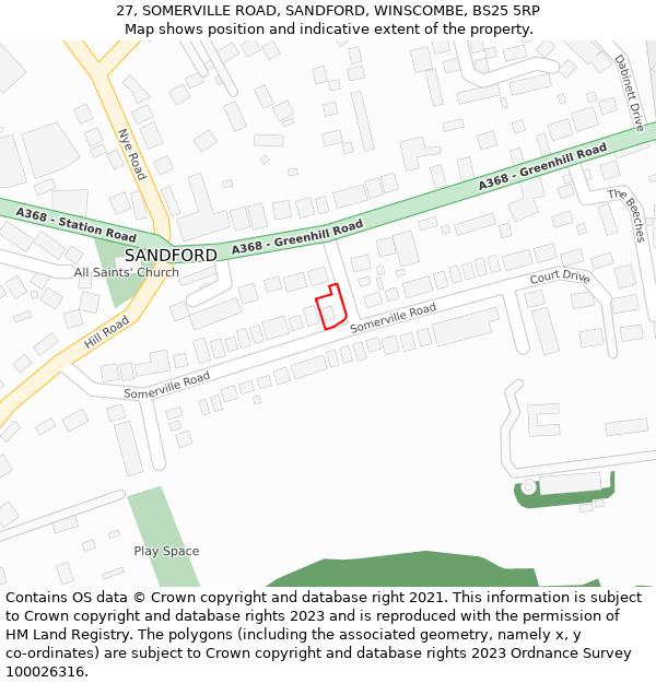 27, SOMERVILLE ROAD, SANDFORD, WINSCOMBE, BS25 5RP: Location map and indicative extent of plot