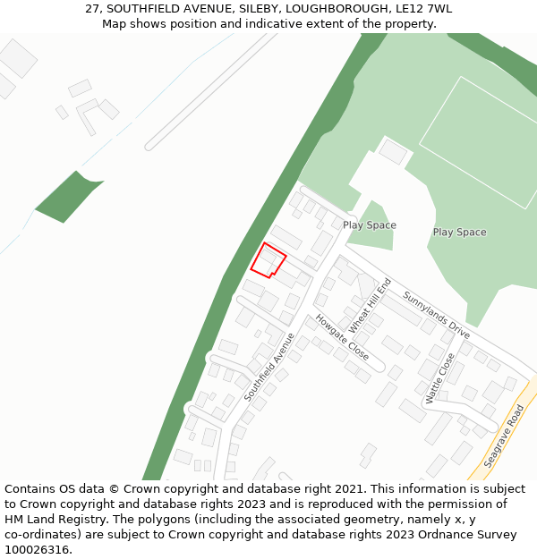 27, SOUTHFIELD AVENUE, SILEBY, LOUGHBOROUGH, LE12 7WL: Location map and indicative extent of plot
