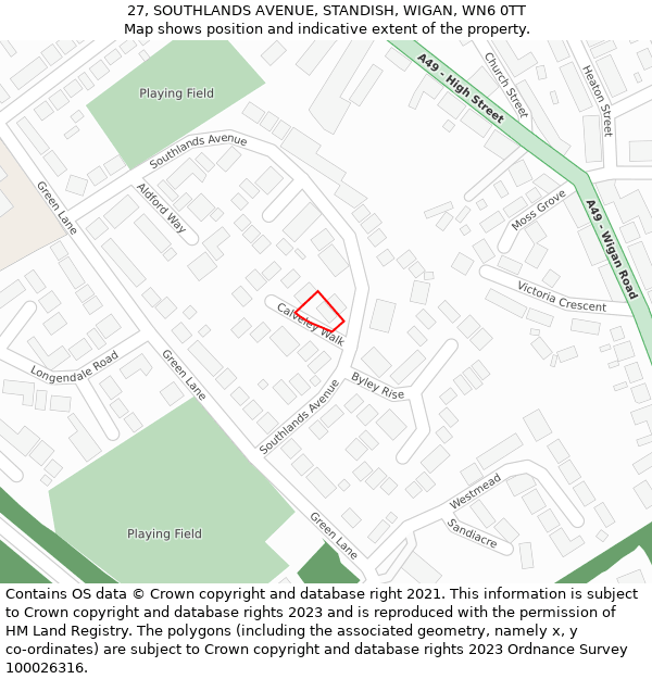 27, SOUTHLANDS AVENUE, STANDISH, WIGAN, WN6 0TT: Location map and indicative extent of plot