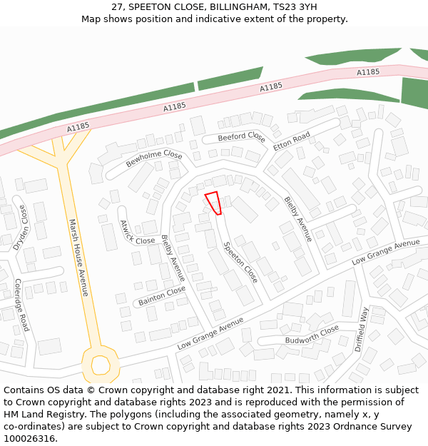 27, SPEETON CLOSE, BILLINGHAM, TS23 3YH: Location map and indicative extent of plot