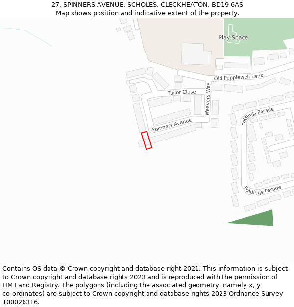 27, SPINNERS AVENUE, SCHOLES, CLECKHEATON, BD19 6AS: Location map and indicative extent of plot