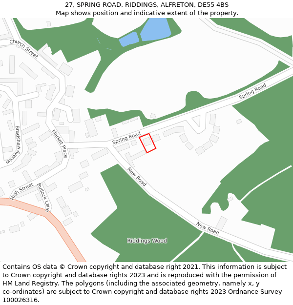 27, SPRING ROAD, RIDDINGS, ALFRETON, DE55 4BS: Location map and indicative extent of plot