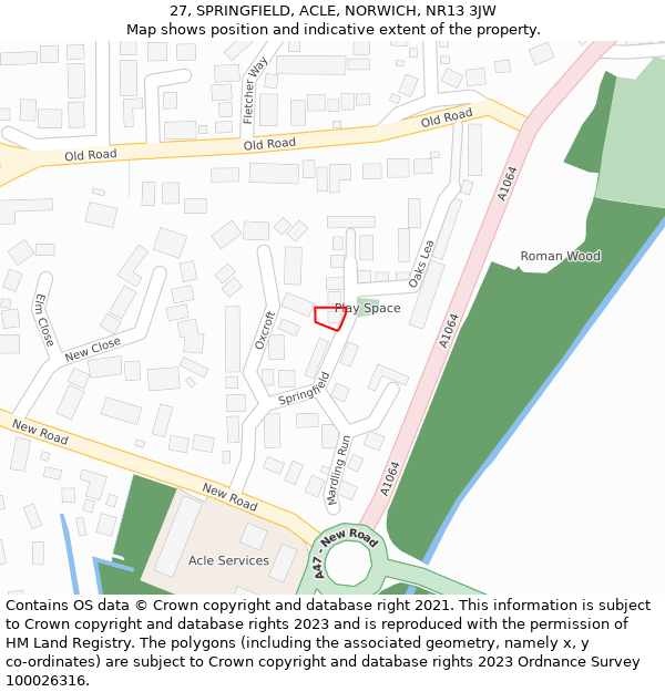 27, SPRINGFIELD, ACLE, NORWICH, NR13 3JW: Location map and indicative extent of plot