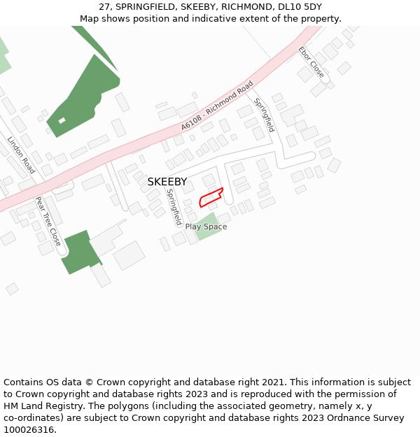 27, SPRINGFIELD, SKEEBY, RICHMOND, DL10 5DY: Location map and indicative extent of plot